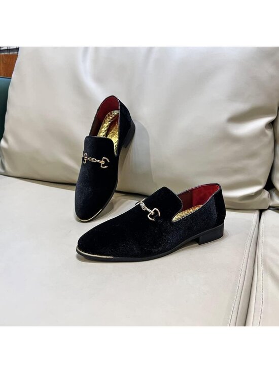 Men\'s Black Velvet Penny Loafers Metal Buckle Slip On Luxury Suede Formal Shoes main image 4